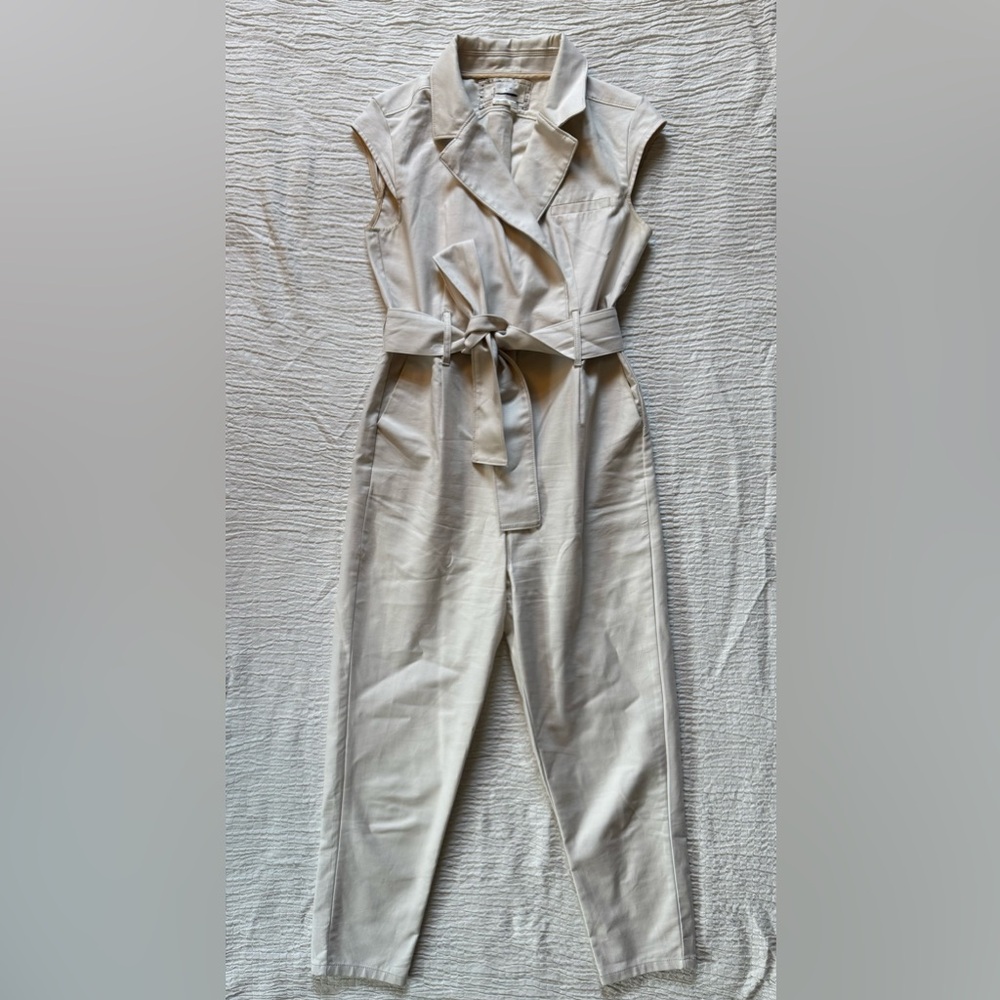 Anthropologie Cream Belted Jumpsuit